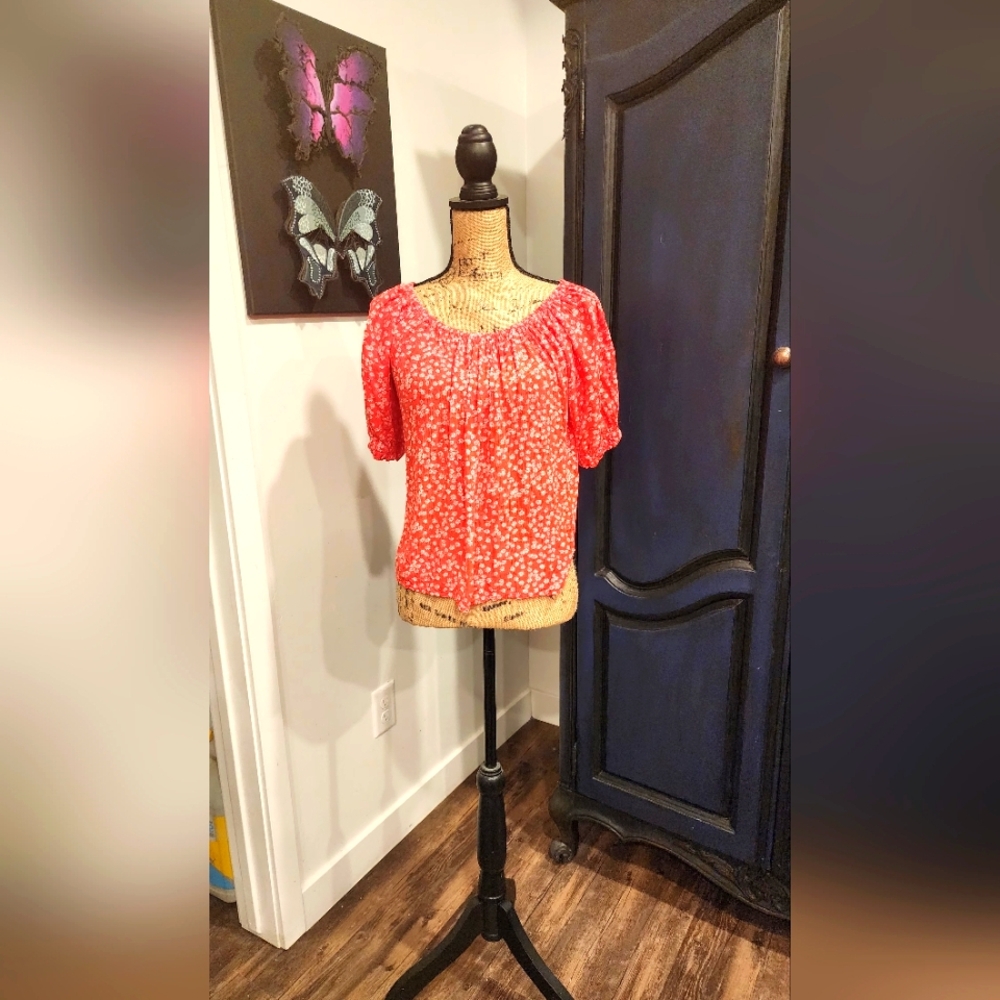 LOFT Pink and White Smocked Short Sleeve Blouse